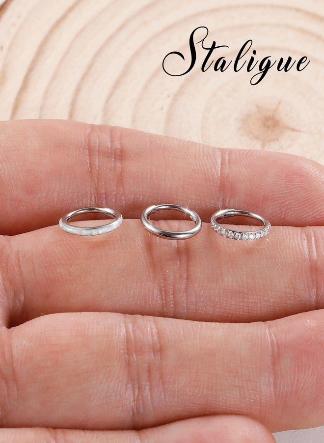 Staligue 3pcs Nose Rings Hoops - 316L Surgical Steel Hinged Nose Hoops 16G/18G/20G CZ Clicker Septum Nose Ring Lip Helix Cartilage Hoop Earring Daith Rook Conch Body Piercing Jewelry for Women Men 8mm 10mm (Silver, 20 gauge(0.8mm)-8mm) - Image 4